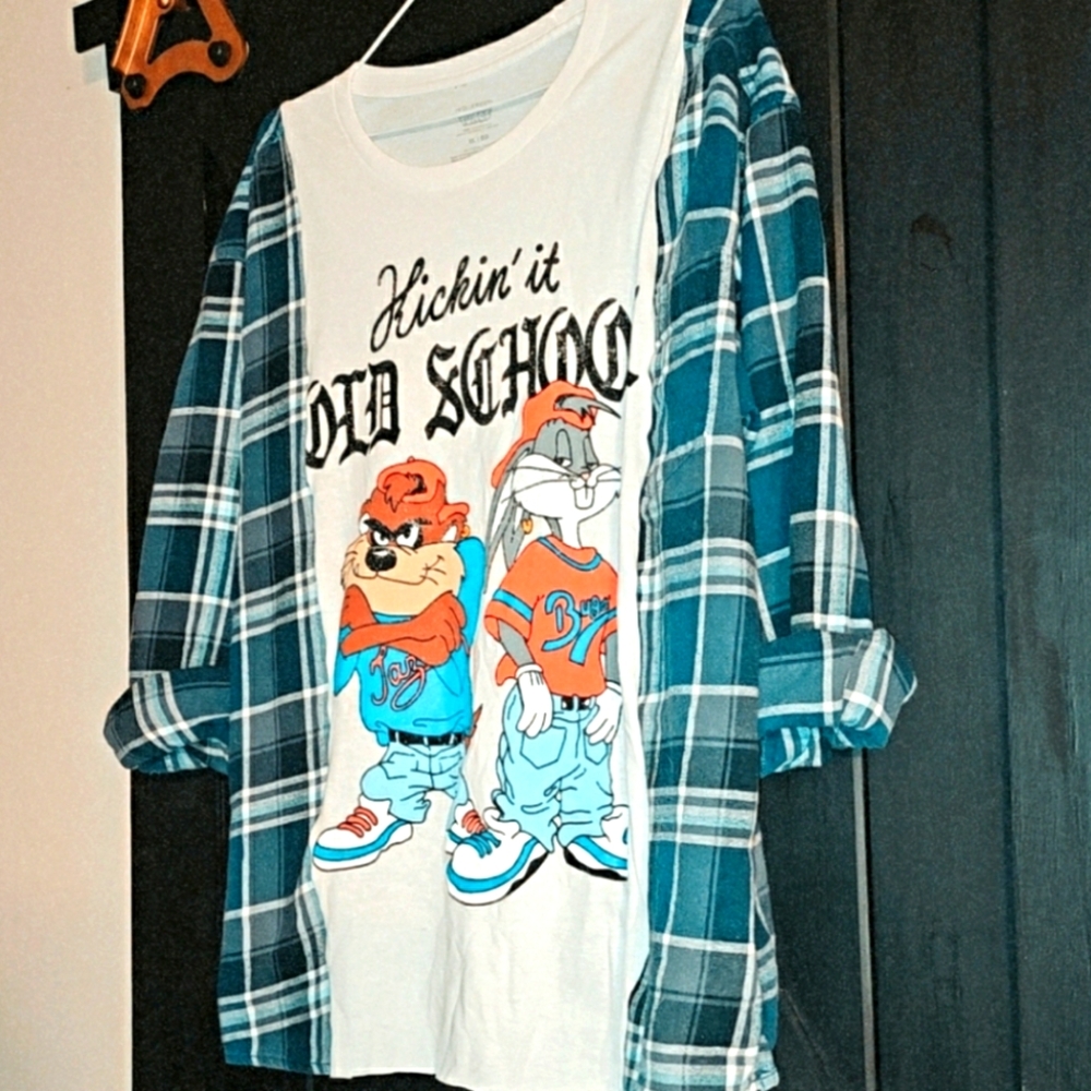 Reworked Tshirt Top Unisex Fit Size XL Custom Sewn Graphic Flannel Upcycled